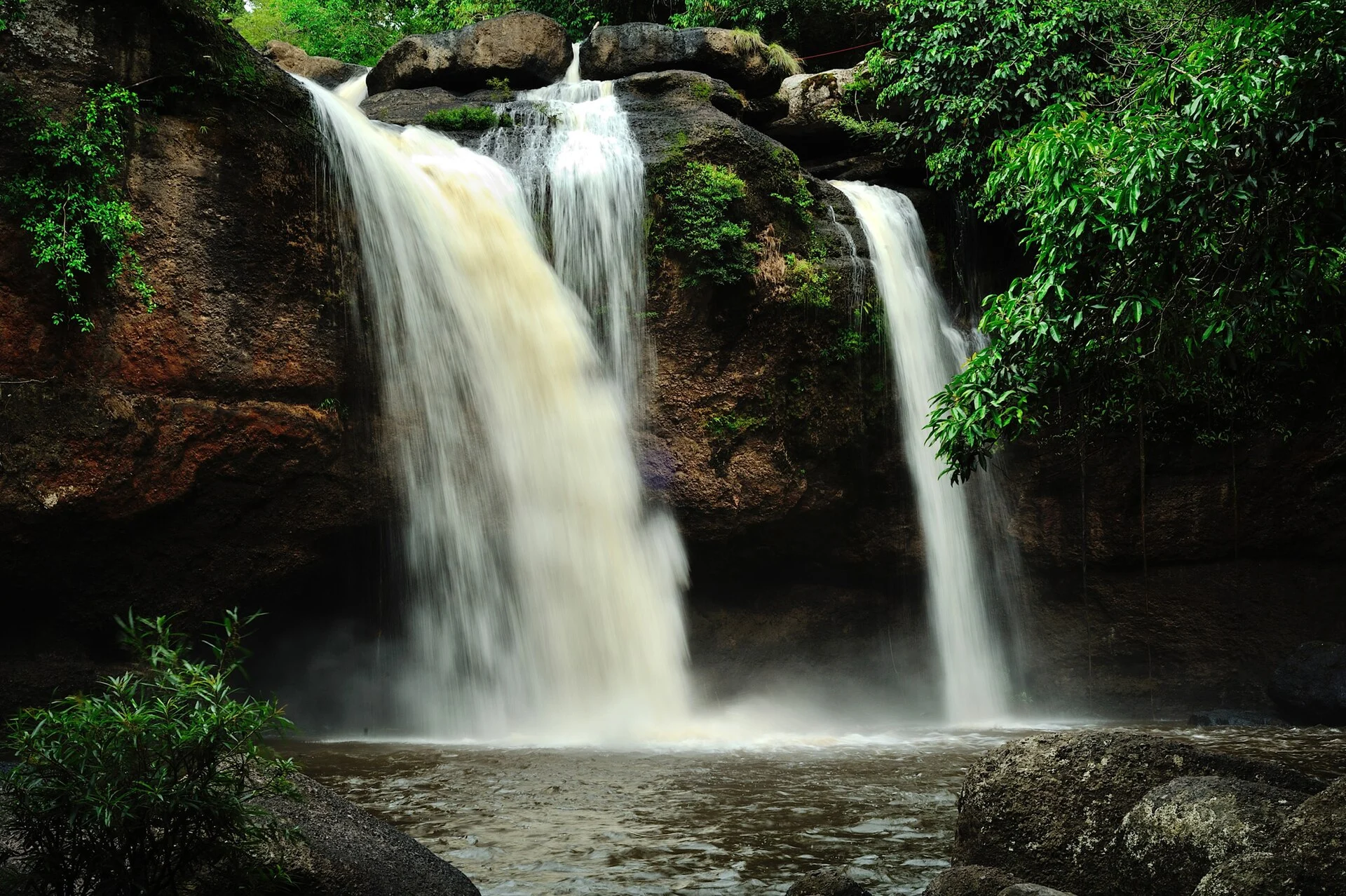 Haew Suwat Waterfall falling into its pool in Khao Yai National Park